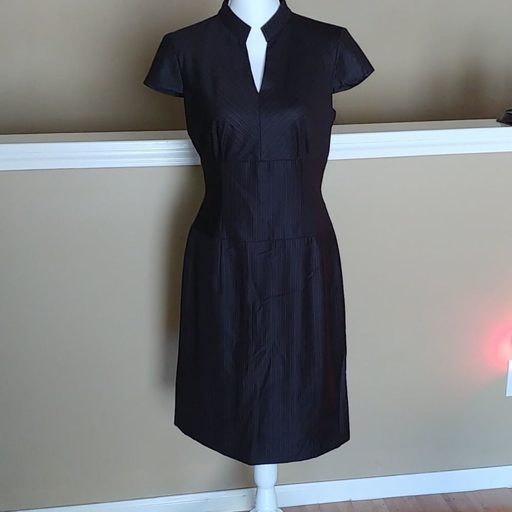 ANTONIO MELANI Black Pinstriped Mandarin Collar Midi Dress